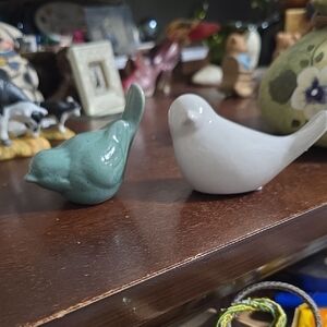 Ceramic Bird Figurine Pair - Green and White